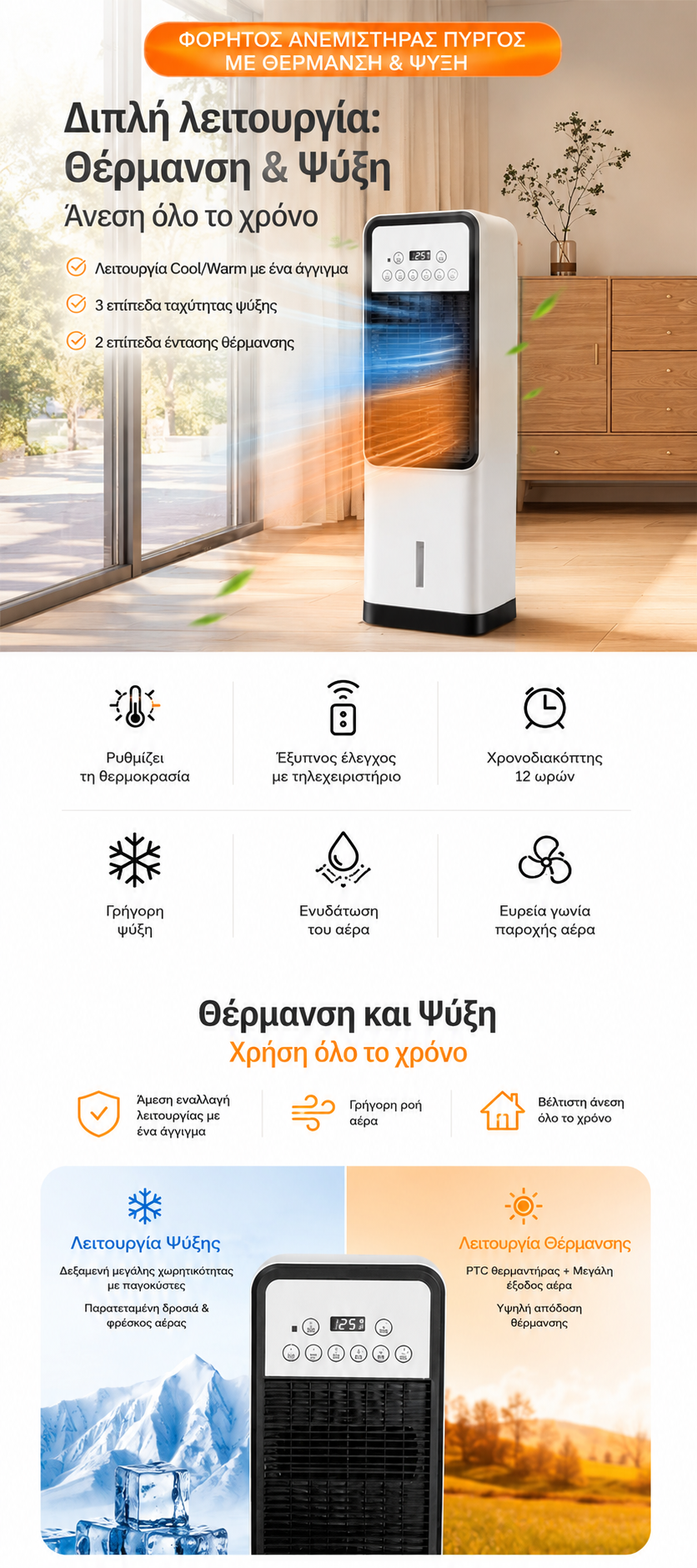 Air Cooler Κρύο-Ζεστό με Τηλεχειριστήριο 65W/1800W