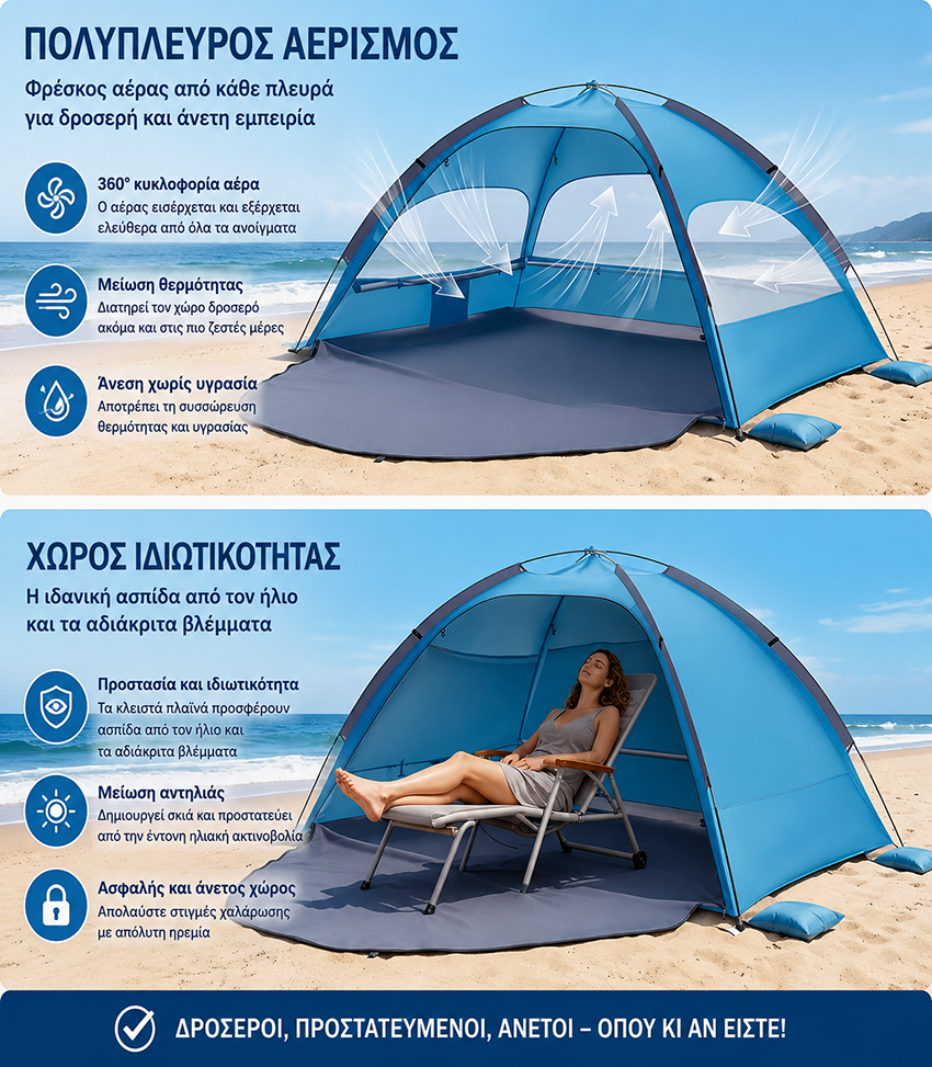 Σκηνή Παραλίας Αυτόματη 200x150x120cm με UV Προστασία