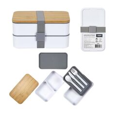 Φαγητοδοχείο - Lunch Box 2 Επιπέδων με Μαχαιροπίρουνα και Καπάκι από Μπαμπού 18.5 x 10.5 x 9.7 cm Cook Concept KA4820 - Φαγητοδοχεία