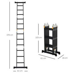 DURHAND Μαύρη σκάλα αλουμινίου 5 σε 1 για εσωτερικούς και εξωτερικούς χώρους, Μέγιστο Φορτίο 150 kg, 370x61x11 cm -  Σκάλες
