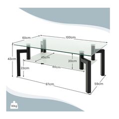 Μεταλλικό Ορθογώνιο Τραπέζι Σαλονιού με Γυάλινη Επιφάνεια 100 x 60 x 43 cm Costway HV10316BK - Τραπέζια
