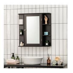 Καθρέπτης Μπάνιου με Ντουλάπι 66 x 16.7 x 63 cm Χρώματος Καφέ Costway JV10446BN -  Έπιπλα Μπάνιου