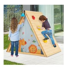 Παιδική Ξύλινη Τριγωνική Σκηνή με Τοίχο Αναρρίχησης 115 x 77 x 100 cm Costway TS10054 -  Παιδικά Παιχνίδια