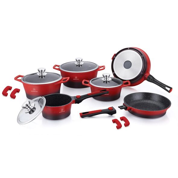 Herenthal Σετ αντικολλητικά μαγειρικά σκεύη 14 τμχ σε μαύρο-κόκκινο χρώμα HT-CES2014M-RBL -  ΕΙΔΗ ΜΑΓΕΙΡΙΚΗΣ - ΚΟΥΖΙΝΑΣ