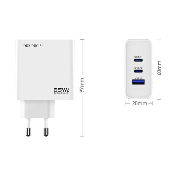 Dux Ducis USB-A / 2xUSB-C Wall Adapter 65W Λευκό (C90-PD) -  Cell phone USB charger