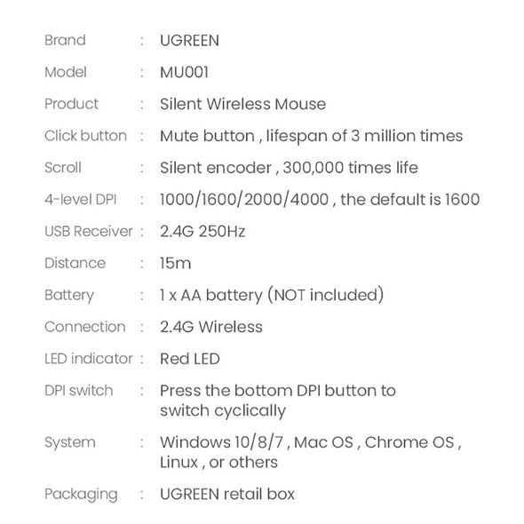 Ugreen handy wireless USB mouse gray (mu001) - Others