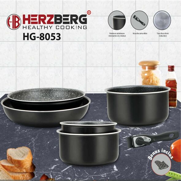 Herzberg HG-8053-BR Σετ Μαγειρικών Σκευών 7 τμχ με Αποσπώμενη λαβή και Επίστρωση Μαρμάρου Μπουργουντί -  ΕΙΔΗ ΜΑΓΕΙΡΙΚΗΣ - ΚΟΥΖΙΝΑΣ