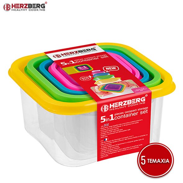 Herzberg Σετ 5 πλαστικά δοχεία φαγητού με καπάκια HG-SFS5N1 -  ΑΠΟΘΗΚΕΥΣΗ ΤΡΟΦΙΜΩΝ