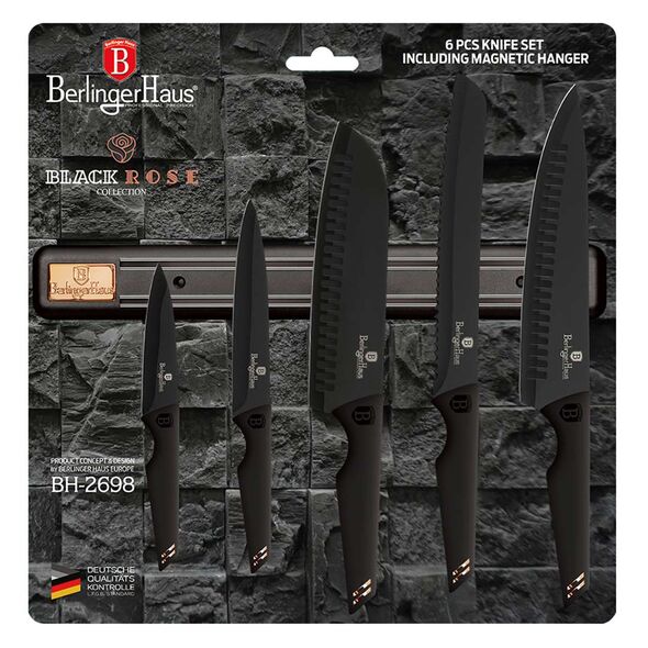 Berlinger Haus Σετ μαχαίρια από ανοξείδωτο ατσάλι 6τμχ με επιτοίχια μαγνητική βάση, Black Rose Collection BH-2698 -  ΜΑΧΑΙΡΙΑ ΚΟΥΖΙΝΑΣ