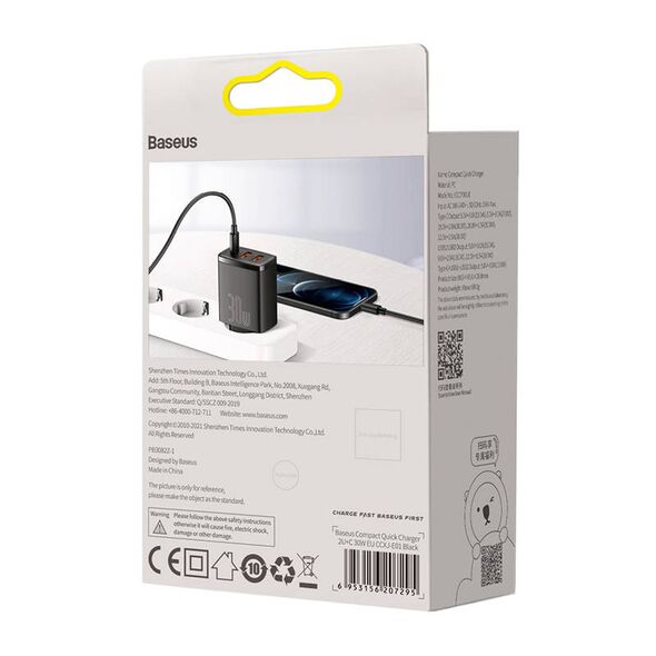Charger Baseus Compact Quick Charger 2xUSB USB-C PD 3A 30W - ELECTRONICS