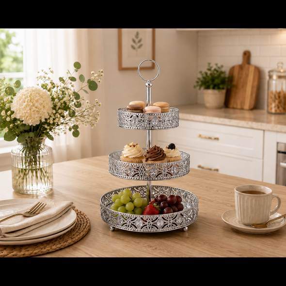 Μεταλλική Εταζέρα 3 Ορόφων 43 cm Χρώματος Ασημί Home Deco Factory KA0113